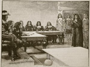 Tito Oates davanti al Consiglio Privato, illustrazione da Cassells Illustrated History of England da English School