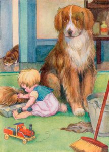 Bambino che gioca con la coda di un cane