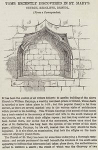 Tomba recentemente scoperta nella Chiesa di Santa Maria, Redcliffe, Bristol (incisione) da English School