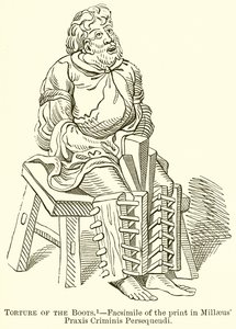 Tortura degli stivali. Facsimile della stampa in Millaeus Praxis Criminis Persequendi da English School