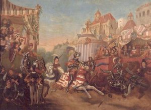 Torneo a Calais nel 1416, raffigurante Riccardo, Conte di Warwick, che disarciona Collard Fynes da English School