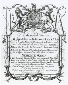 Biglietto da visita per Nehemiah Ward, fabbricante di fruste di Southwark da English School