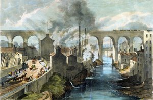 Treno che attraversa il viadotto di Stockport sulla London  North Western Railway, 1845 circa (litografia a colori) da English School