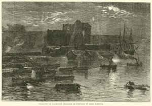 Trasporto di prigionieri comunisti su pontoni nel porto di Brest, 1871 da English School