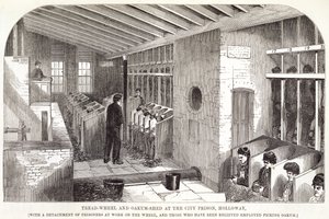 Ruota da calpestio e capannone di Oakum alla prigione della città, Holloway, da The Criminal Prisons of London and Scenes of Prison Life di Henry Mayhew e John Binny, 1862 da English School