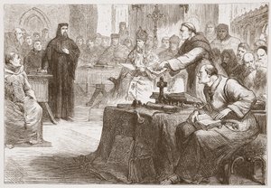 Processo di Wicliffe, illustrazione da La storia del protestantesimo di James Aitken Wylie (1808-1890), pub. 1878 da English School