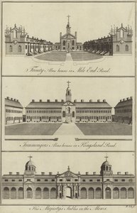 Trinity Almshouses in Mile End Road, Ironmongers Almshouses in Kingsland Road e le Scuderie di Sua Maestà nelle Mews, Londra da English School