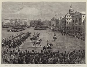 Parata delle bandiere a cavallo in onore del sessantottesimo compleanno della regina da English School