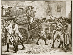 Truppe scortano la carta stampata al Municipio di New York, 1766, illustrazione da Cassells Illustrated History of England