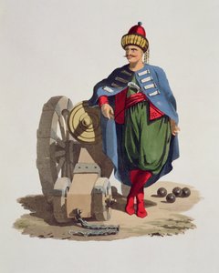 Soldato turco, da Costumi delle varie nazioni, Volume VII, Il costume militare della Turchia, di Thomas MacLean, pubblicato c.1800-18 da English School