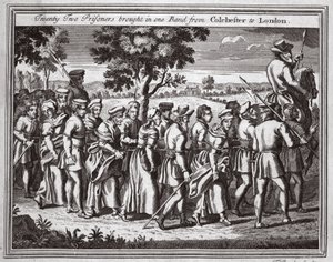 Ventidue prigionieri portati in un gruppo da Colchester a Londra, illustrazione da Foxes Martyrs c.1703 da English School