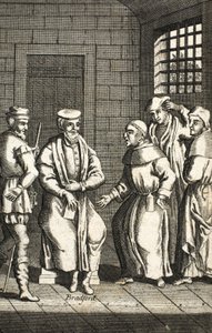 Due frati spagnoli che parlano con Mr Bradford, illustrazione da Foxes Martyrs c.1703 da English School