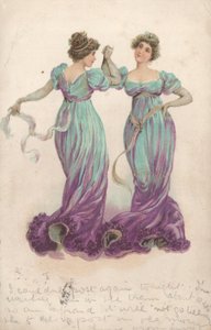 Due donne danzanti con abiti lunghi blu e viola