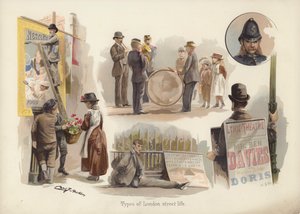 Tipi di vita di strada a Londra: affissatore, venditore di fiori, musicisti, mendicante, uomo sandwich, poliziotto da English School