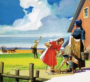 Scena rurale americana non identificata con famiglia quacchera
