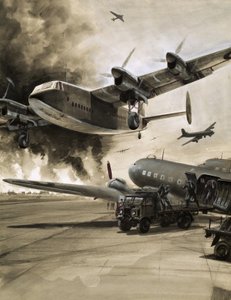 Aereo non identificato con città in fiamme sullo sfondo da English School