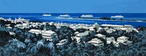 Costa non identificata con villaggio e barche all