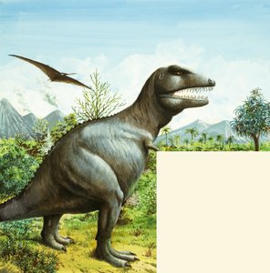 Scena di dinosauri non identificata con T Rex e Pterodattilo da English School