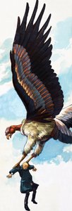 Illustrazione folkloristica non identificata di un uomo trasportato da un uccello gigante