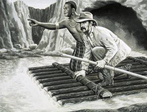 Uomo non identificato e indigeno su zattera