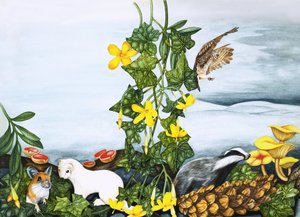 Piante e animali non identificati, inclusi gufo, tasso e donnola da English School
