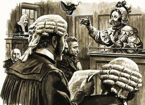 Donna non identificata che lancia uno stivale in tribunale da English School