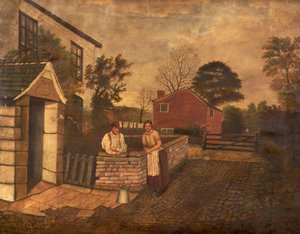 Senza titolo (tre figure fuori da un Cottage datato 1720), c.1830-70 da English School