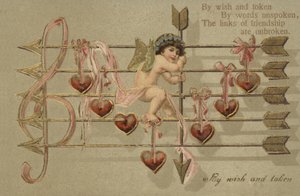 Biglietto di San Valentino, con Cupido, freccia e spartito musicale da English School