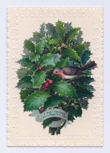 Cartolina natalizia e di Capodanno vittoriana con un pettirosso in un bouquet di foglie di agrifoglio, c.1880