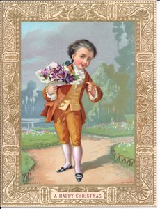 Cartolina natalizia vittoriana con un ragazzo vestito con abiti vittoriani che tiene un bouquet di fiori, c.1880