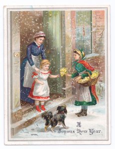 Cartolina di Capodanno vittoriana con una cameriera che tiene una bambina mentre compra fiori da un venditore di fiori sotto la neve, c.1880 da English School