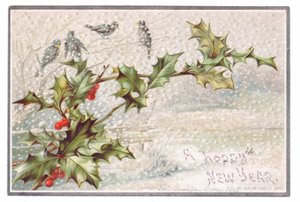 Cartolina di Capodanno vittoriana di uccelli su rami nella neve che cade, c. 1880 (litografia a colori)