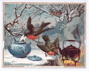Cartolina di Capodanno vittoriana di pettirossi che preparano il tè in una notte invernale innevata, c.1880 da English School