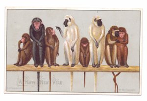 Cartolina di Capodanno vittoriana con otto scimmie su una sporgenza, c.1880 da English School