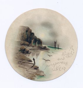 Cartolina circolare vittoriana di Capodanno con un paesaggio marino e due yacht in una notte di luna, c.1880 da English School