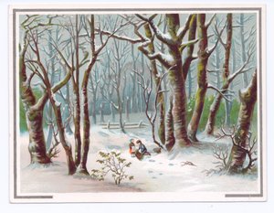 Cartolina di auguri vittoriana con due bambini che raccolgono rami nella neve, c.1880 da English School