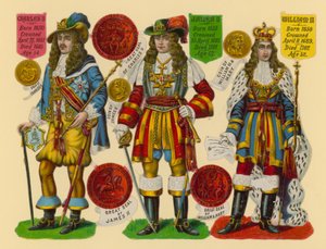 Ritaglio vittoriano: Re Carlo II, Re Giacomo II, Re Guglielmo III da English School