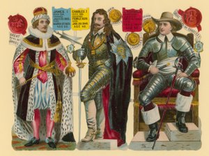 Ritaglio vittoriano: Re Giacomo I, Re Carlo I, Oliver Cromwell da English School