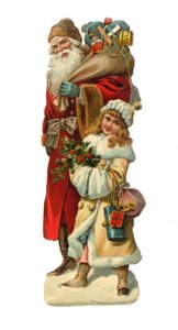 Rilievo di carta vittoriana di Babbo Natale con doni, c.1880 da English School