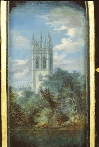 Pannello di un mobile da cucito vittoriano decorato con una scena del Magdalen College, Oxford