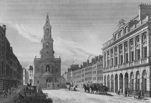 Vista sulla Strand, inclusa la Facciata Nord di Somerset House e la Chiesa di St Mary-Le-Strand, Westminster (incisione) da English School