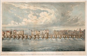 Vista del lato est del vecchio London Bridge nel regno della regina Elisabetta I