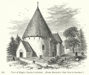 Veduta della chiesa di Hagby, Gothland (incisione) da English School