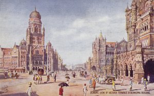 Veduta del Victoria Terminus e del Municipal Building, Bombay (litografia a colori) da English School