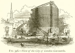 Veduta della città dei gasometri di Londra da English School