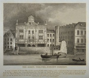 Veduta del Teatro dei Duchi, Dorset Gardens, dal Tamigi, 1814