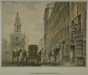 Veduta della Eagle Tavern nello Strand, Westminster, con un uomo che scarica prodotti da un carro trainato da cavalli sulla strada e St Mary le Strand in lontananza, c.1800 da English School