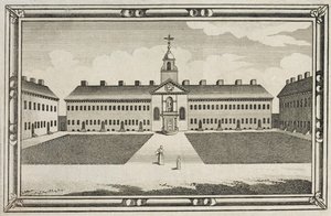 Veduta delle case di riposo della Ironmongers Company, Kingsland Road, Hackney, c.1820 da English School
