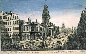 Veduta della Royal Exchange, Londra, inciso da Pierre Moithey da English School