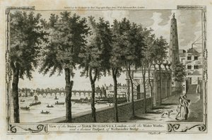 Vista delle scale degli edifici di York, Londra con i lavori idraulici e la prospettiva distante del ponte di Westminster